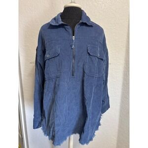 OFFLINE by Aerie Blue Corduroy Quarter Zip Pullover Raw Hem Oversized Shirt S